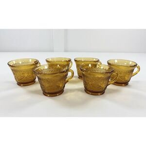 Set of 6 Tiara Indiana Glass Amber Sandwich Daisy Pattern Punch Tea Cups Vintage